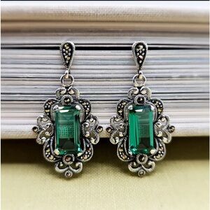 Emerald and Swarovski Marcasite Drop Earrings